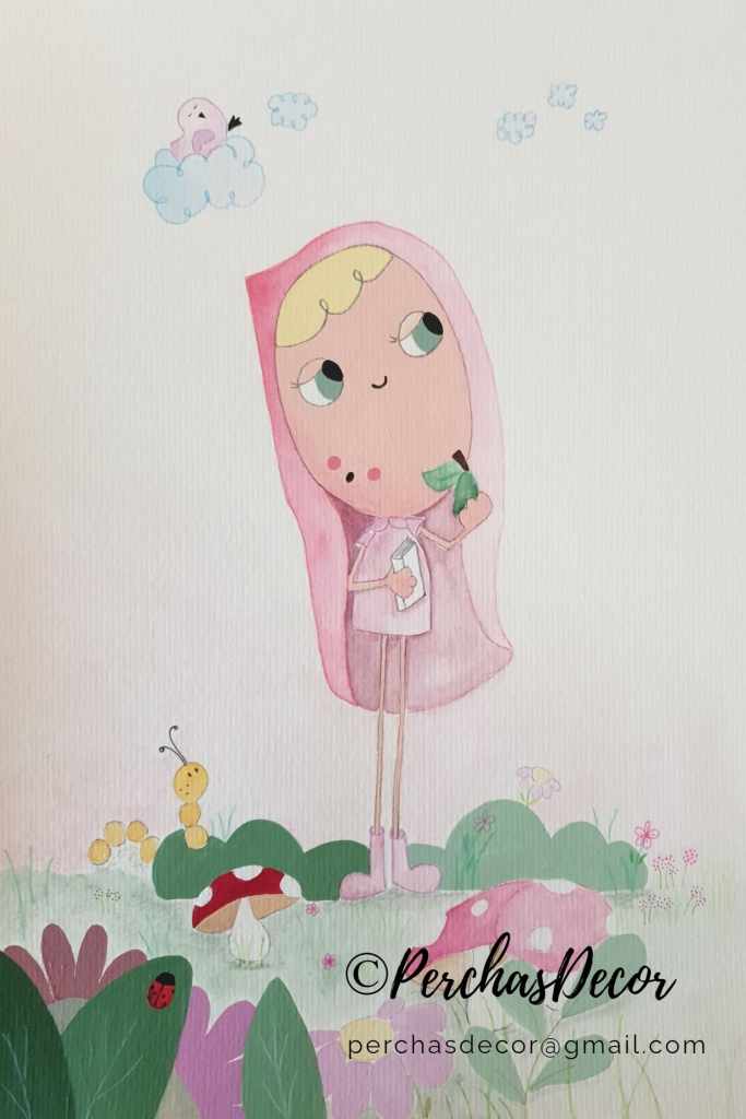 ilustracion niña caperucita entre flores